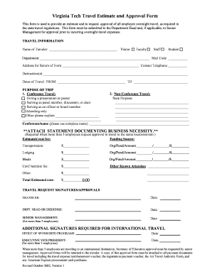 Virginia Tech Travel Estimate and Approval Form
