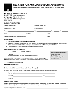 Science Center of Iowa Overnight Adventure Registration Form