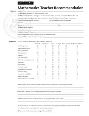 Mathematics Teacher Recommendation Form