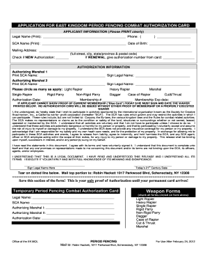 East Kingdom Period Fencing Combat Authorization Application