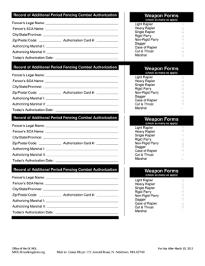 SCA Fencing Combat Authorization Form
