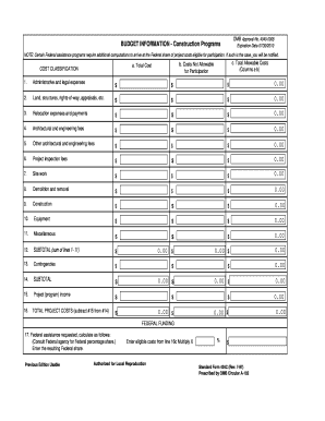 Federal Construction Program Budget Form