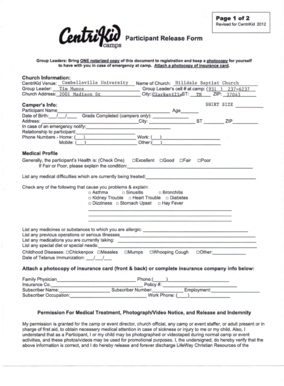CentriKid Camp Participant Release Form