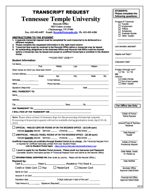 Tennessee Temple University Transcript Request Form