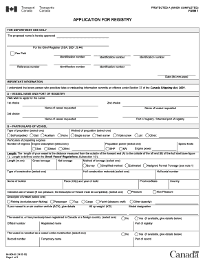 Canada Vessel Registration Application Form 1