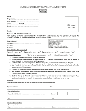 Catholic University Hostel Application Form