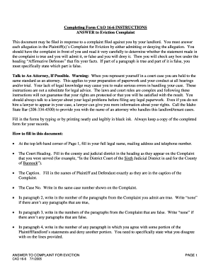 Answer to Eviction Complaint Form CAO 16-6