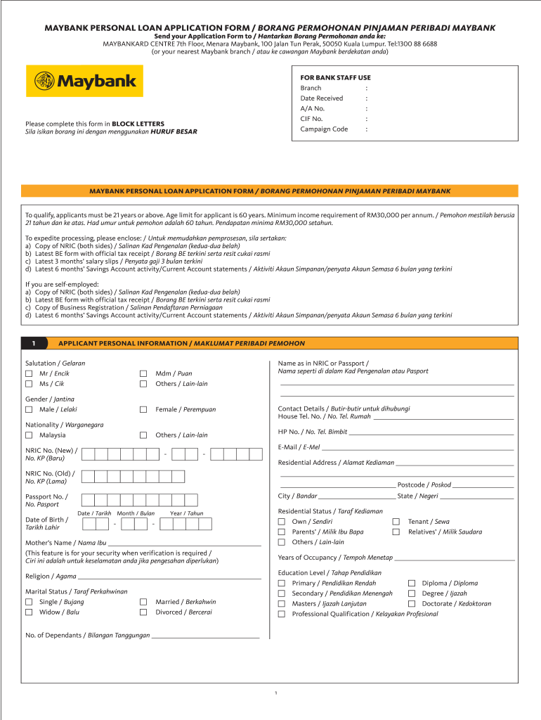 2013 MY Maybank Personal Loan Application Form Fill Online Printable Fillable Blank PdfFiller