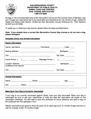 San Bernardino County Dog License Application
