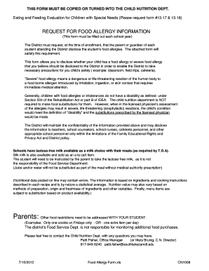Food Allergy Form for Children with Special Needs