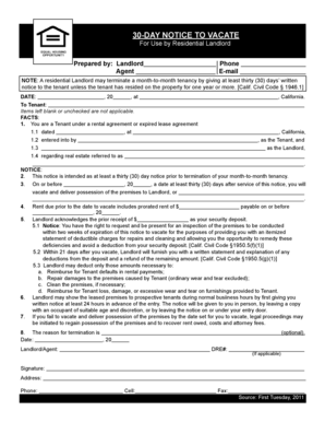 30 day notice to quit massachusetts form - Print Form 60 660 30-DAY NOTICE TO VACATE For Use by Residential Landlord Prepared by: Landlord Agent Phone E-mail NOTE: A residential Landlord may terminate a month-to-month tenancy by giving at least thirty (30) days written notice to the