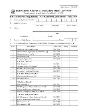 BSc Industrial Drug Science Examination Form