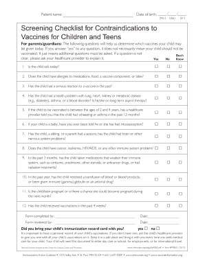 Screening Checklist for Contraindications to Vaccines for Children and Teens