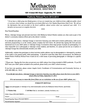 Methacton School District Publicity Refusal Form