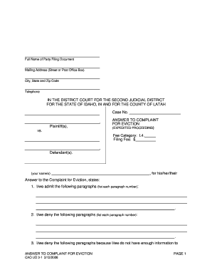 Answer to Complaint for Eviction