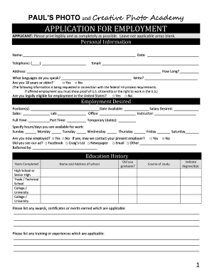 Paul's Photo Employment Application