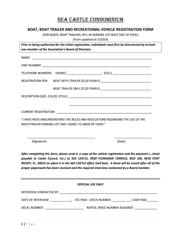 Fillable Online seacastlecondos Boat, Boat Trailer and Recreational