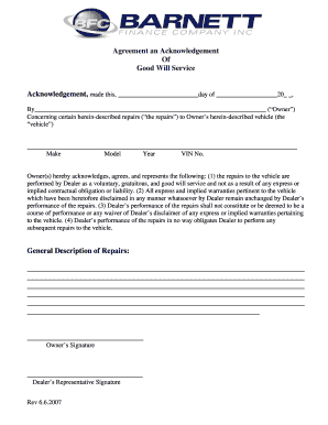 Good Will Service Acknowledgement Agreement