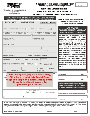 Mountain High Rental Agreement and Release of Liability