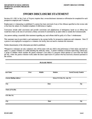 Virginia Exempt Child Day Center Sworn Disclosure Statement
