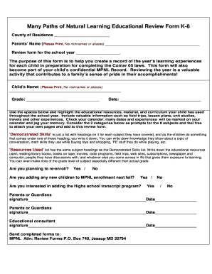 Many Paths of Natural Learning Educational Review Form K-8