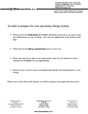 Allergy Testing Information and Questionnaire