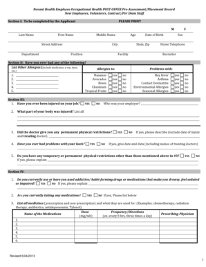 Novant Health Employee Occupational Health Pre-Assessment Form