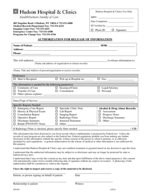 Hudson Hospital Medical Records Release Authorization