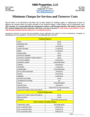 Residential Tenant Cleaning and Maintenance Fee Schedule