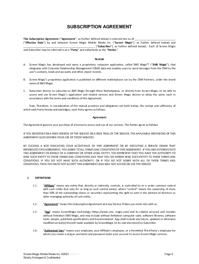 Fillable Online Subscription Agreement Definition