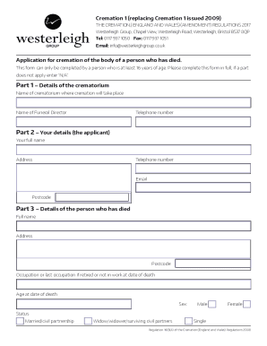 Cremation 1: Application for cremation of the body of a person who has died