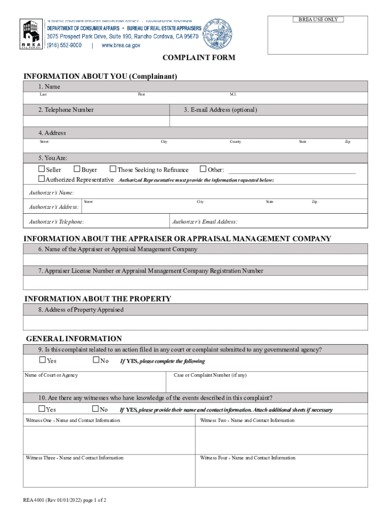 REA 4001. Complaint Form Preview on Page 1