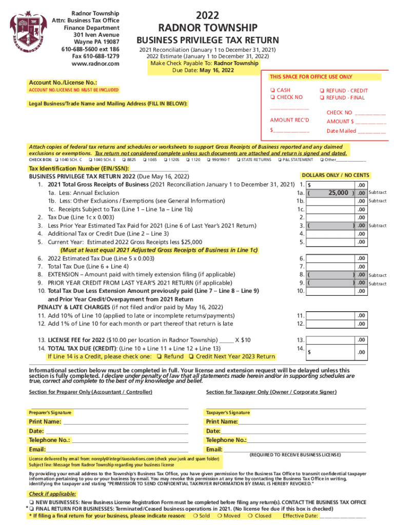 Radnor Business Privilege Tax - Fill and Sign PrintableBusiness Privilege TaxRadnor, PAFinancial Man Preview on Page 1