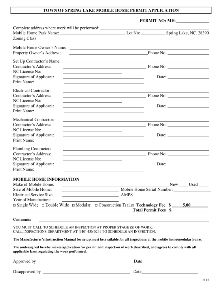 TOWN OF SPRING LAKE MOBIL HOME PERMIT APPLICATION Preview on Page 1