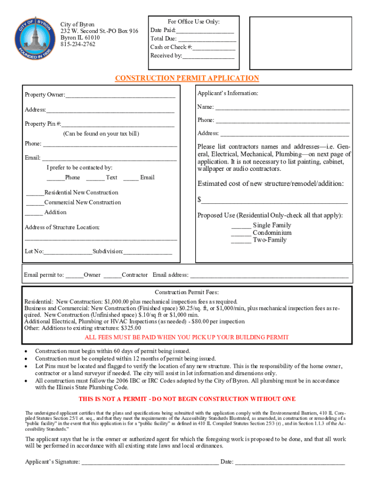 Construction Permit Application - Byron, IL Preview on Page 1