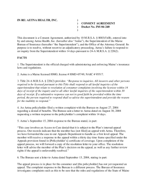 Fillable Online Docket No. INS 04-240 Consent Agreement. Aetna Health ...