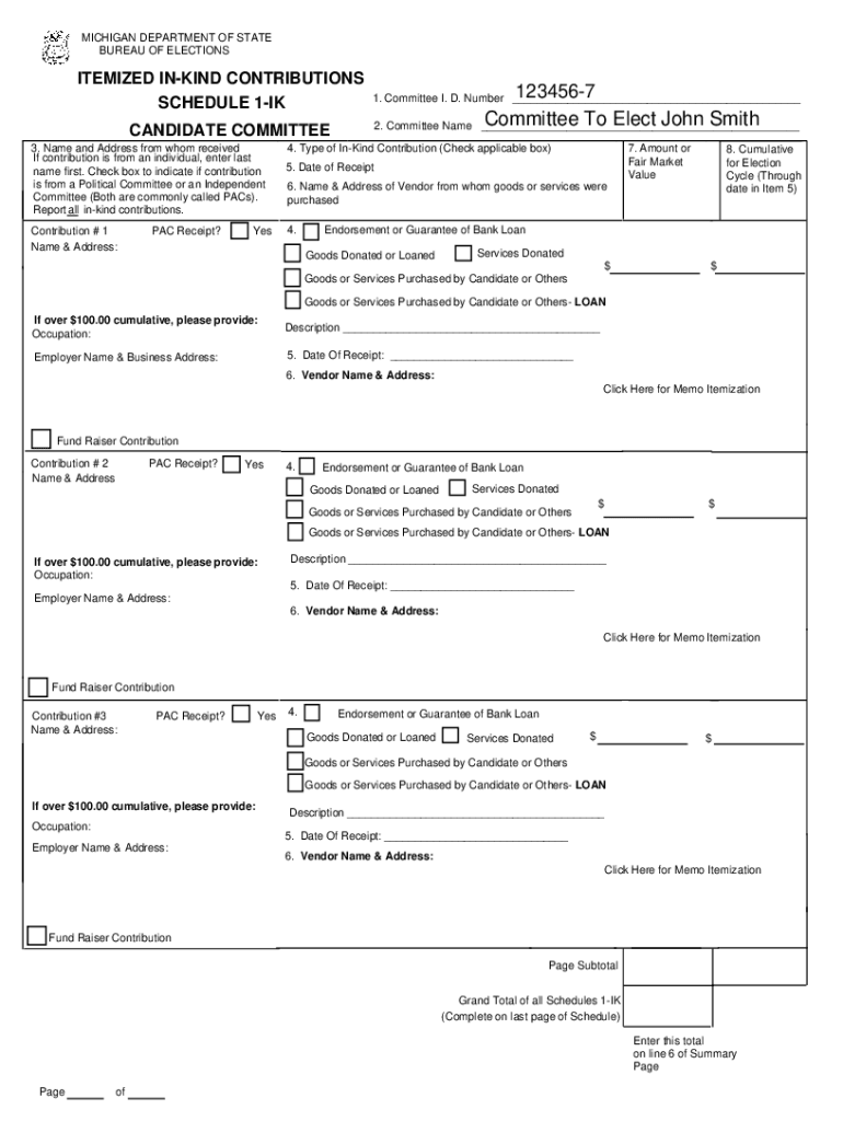 Fillable Online Instructions and Forms Candidate Committees MichiganInkind contributions