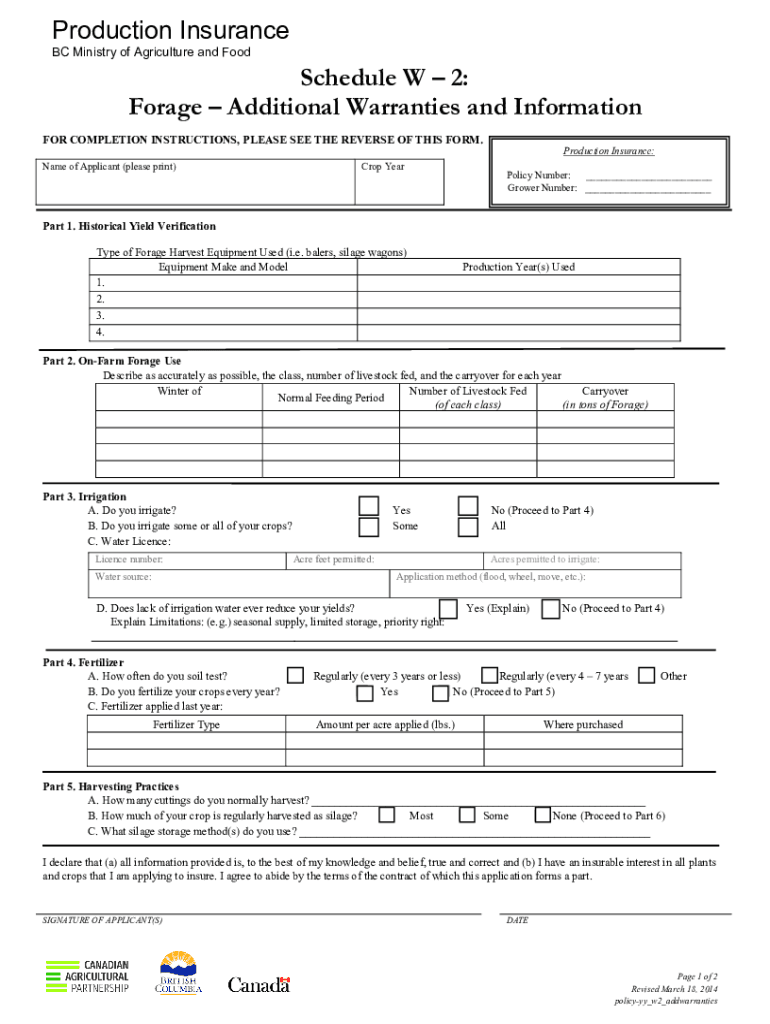 Fillable Online Production Insurance Schedule W 2 Forage Gov.bc.ca
