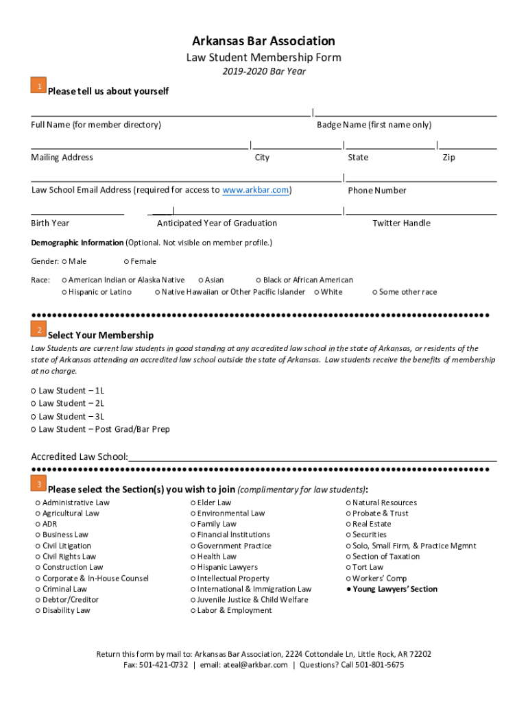 Fillable Online Arkansas Bar Association Law Student Membership Form