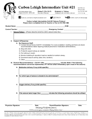 Fillable Online Carbon Lehigh Intermediate Unit #21 Seizure Protocol ...
