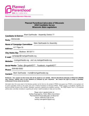 Fillable Online Planned Parenthood Advocates of Wisconsin 2018 Candidate ... Fax Email Print ...