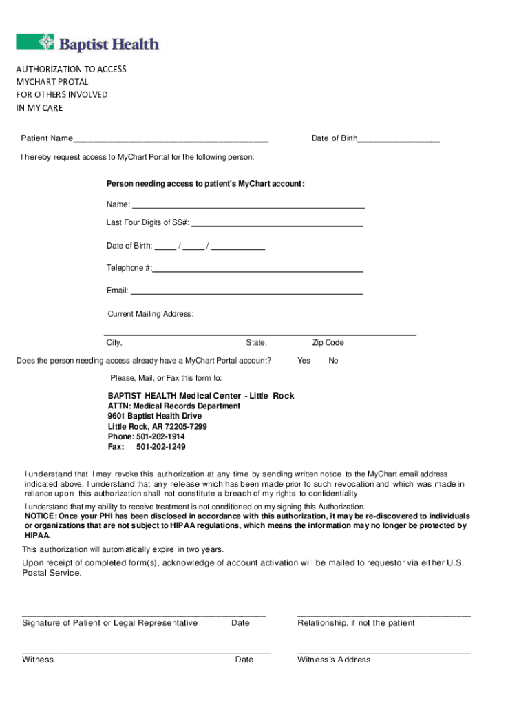 Fillable Online mychart baptisthealth Authorization Granting Access to