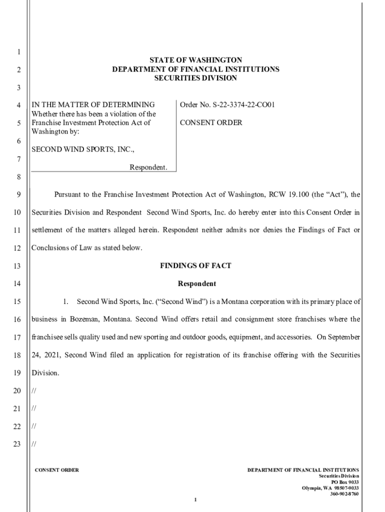 Fillable Online dfi wa Second Wind Sports Inc. Consent Order S22