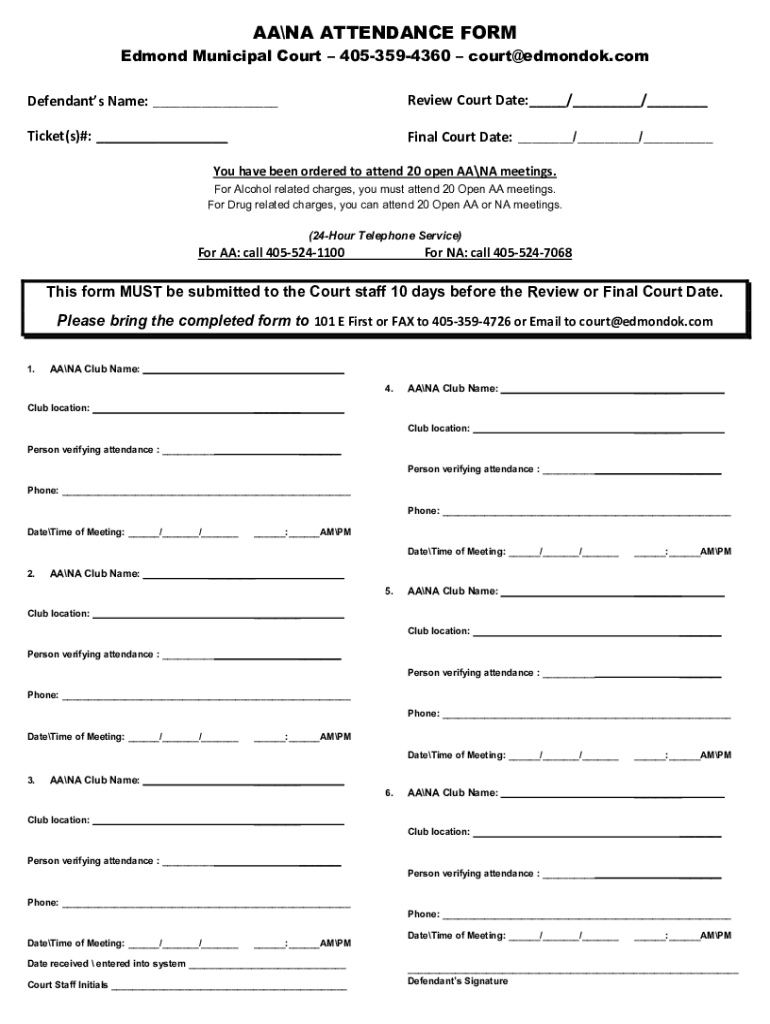 Fillable Online AANA ATTENDANCE FORM Edmond, OK Fax Email Print - pdfFiller