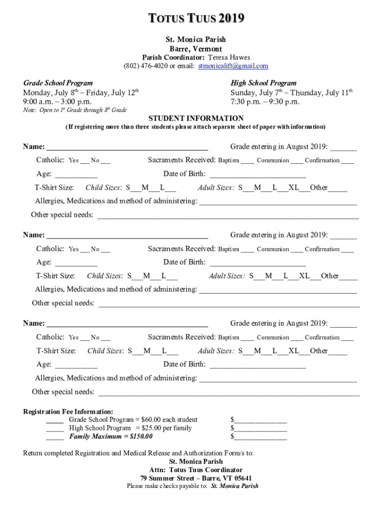 Fillable Online Totus Tuus - Roman Catholic Diocese of BurlingtonTotus ...