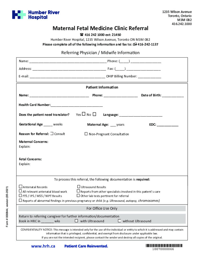 Fillable Online Obstetrical Outpatient Clinic-Referral Form - Humber ...
