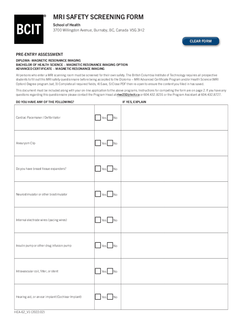 canada mri safety screening form Preview on Page 1