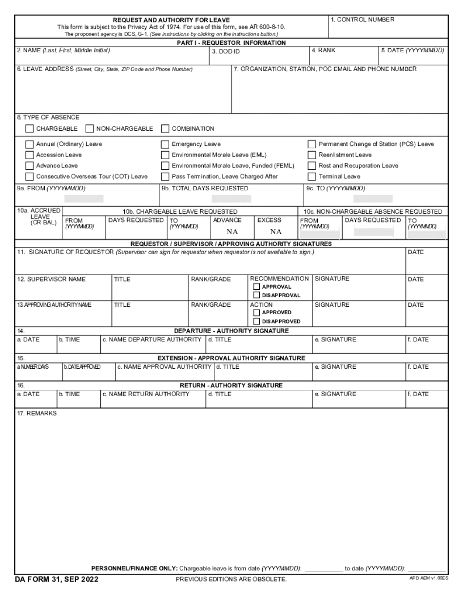 Fillable Form Da 31 Or Request And Authority For Leave