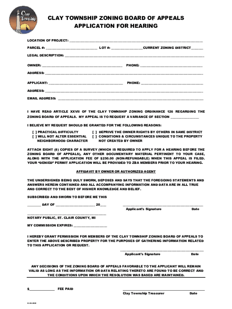 Fillable Online clay township zoning board of appeals application for