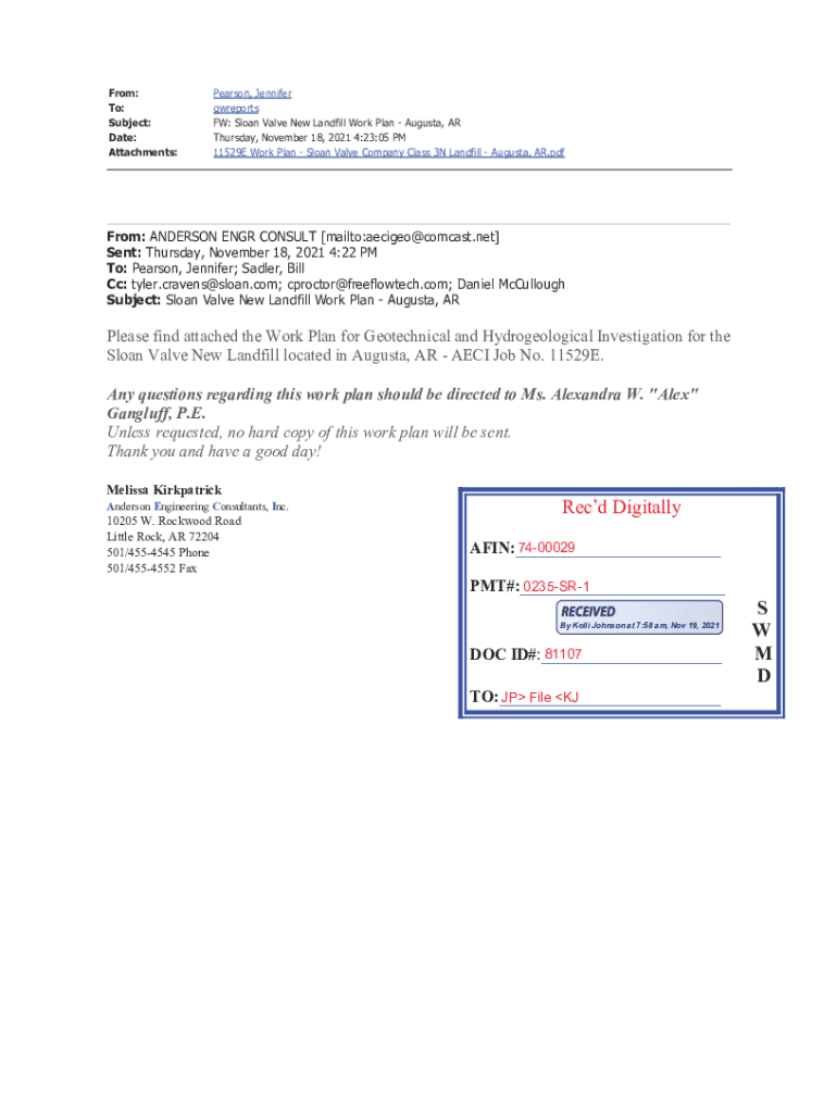 Fillable Online FW Sloan Valve New Landfill Work Plan Augusta, AR.pdf